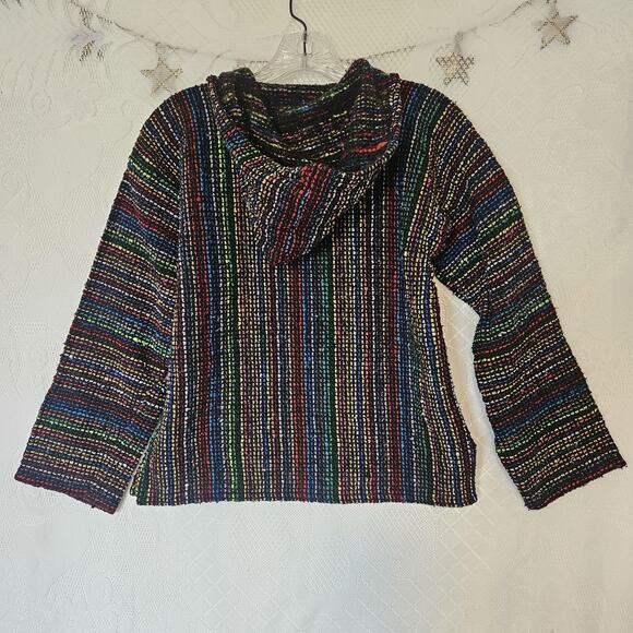Acrylic Small Baja Rainbow Stripe Pullover Tunic Kangaroo Pocket Hippie Grunge - Picture 2 of 8